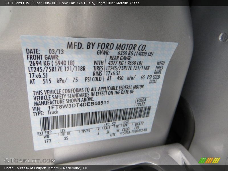 2013 F350 Super Duty XLT Crew Cab 4x4 Dually Ingot Silver Metallic Color Code UX