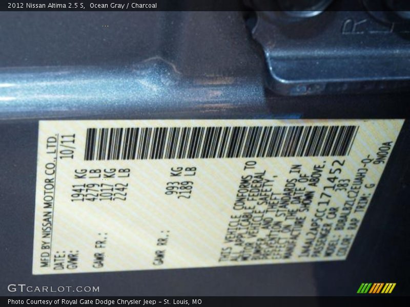 Ocean Gray / Charcoal 2012 Nissan Altima 2.5 S