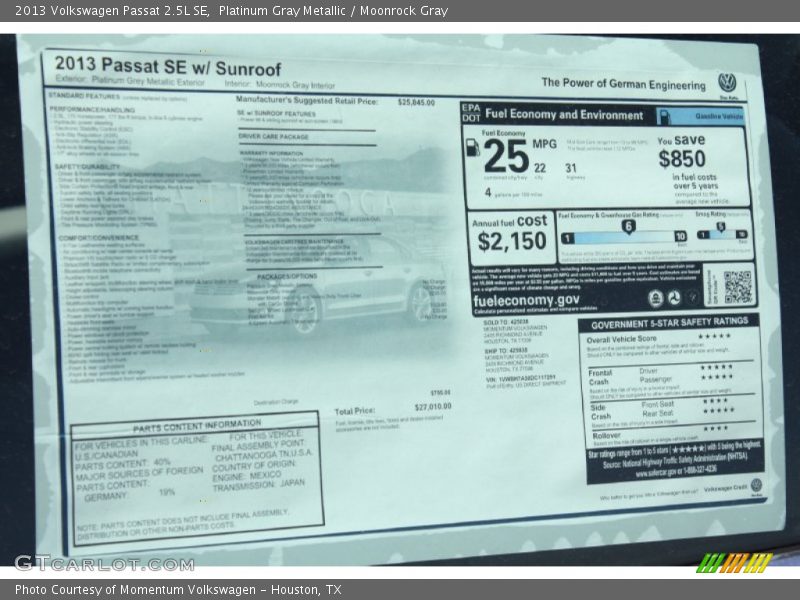 Platinum Gray Metallic / Moonrock Gray 2013 Volkswagen Passat 2.5L SE