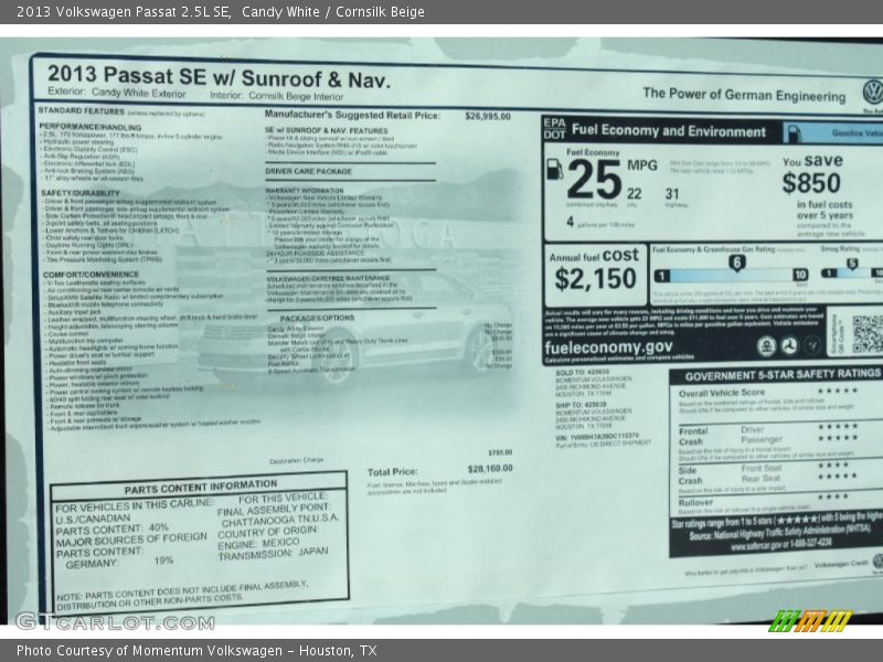 Candy White / Cornsilk Beige 2013 Volkswagen Passat 2.5L SE