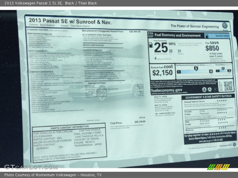 Black / Titan Black 2013 Volkswagen Passat 2.5L SE