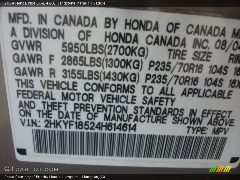 Sandstone Metallic / Saddle 2004 Honda Pilot EX-L 4WD