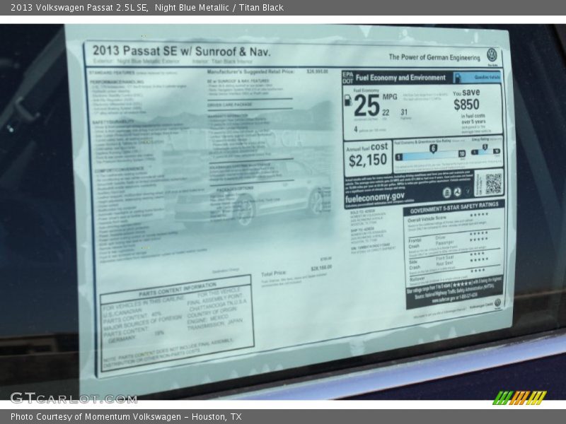 Night Blue Metallic / Titan Black 2013 Volkswagen Passat 2.5L SE
