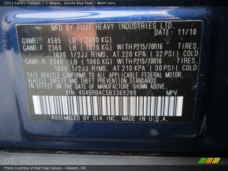 Azurite Blue Pearl / Warm Ivory 2011 Subaru Outback 2.5i Wagon