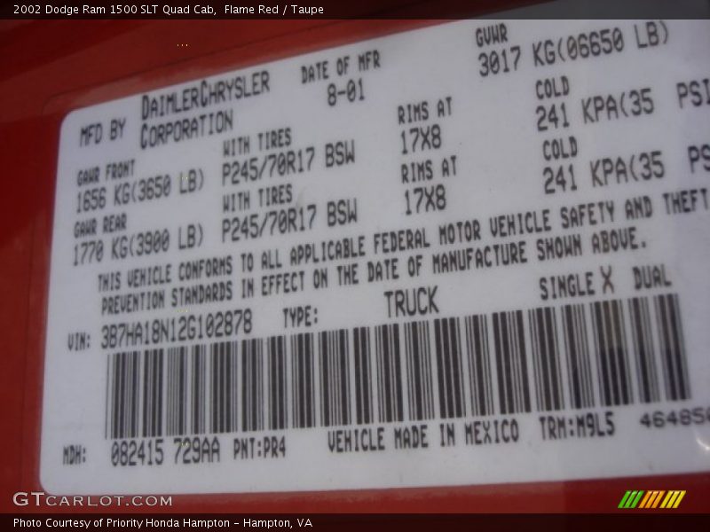2002 Ram 1500 SLT Quad Cab Flame Red Color Code PR4