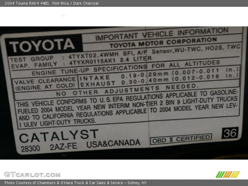 Info Tag of 2004 RAV4 4WD