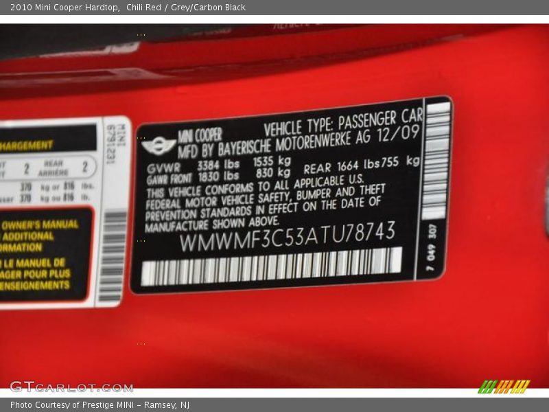 Chili Red / Grey/Carbon Black 2010 Mini Cooper Hardtop