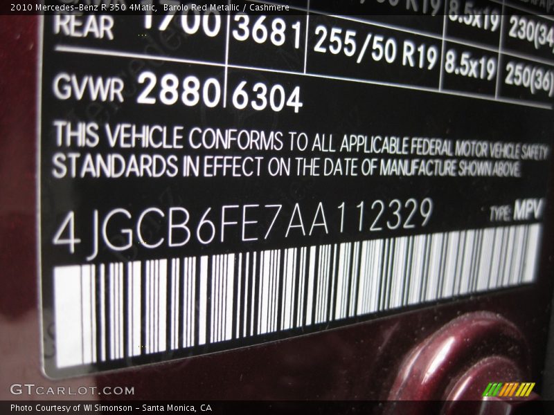 Barolo Red Metallic / Cashmere 2010 Mercedes-Benz R 350 4Matic