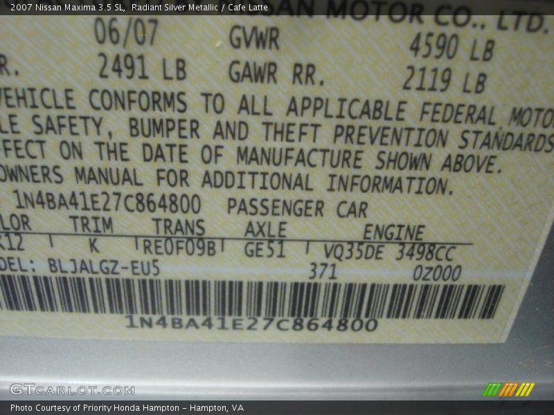 Radiant Silver Metallic / Cafe Latte 2007 Nissan Maxima 3.5 SL