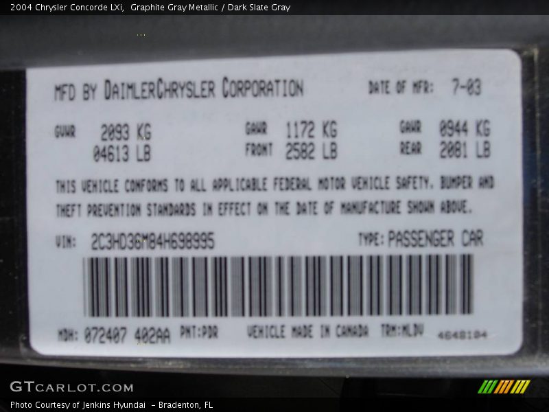 Graphite Gray Metallic / Dark Slate Gray 2004 Chrysler Concorde LXi