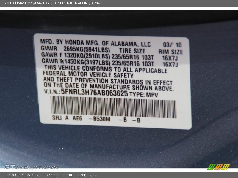 Ocean Mist Metallic / Gray 2010 Honda Odyssey EX-L