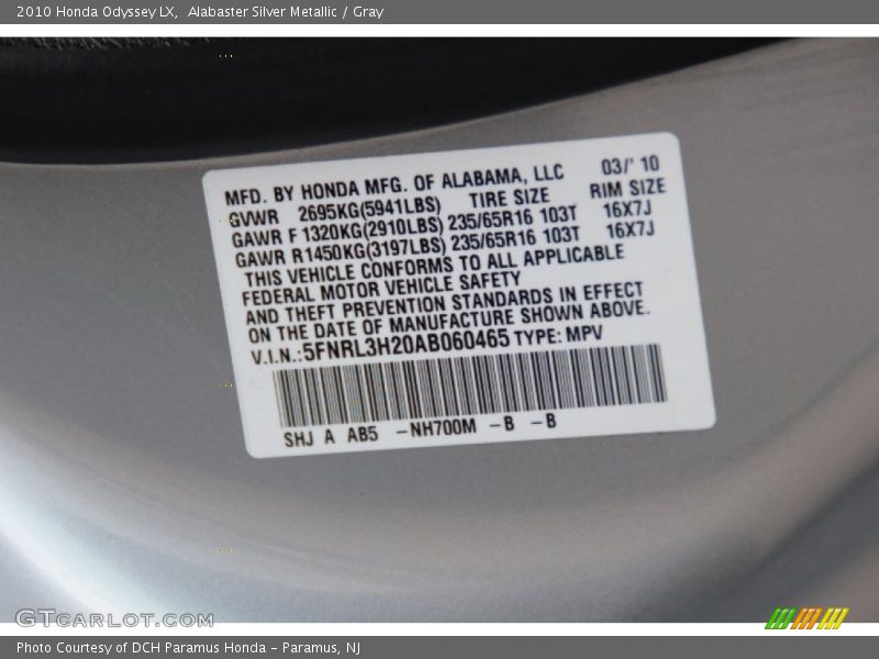Alabaster Silver Metallic / Gray 2010 Honda Odyssey LX
