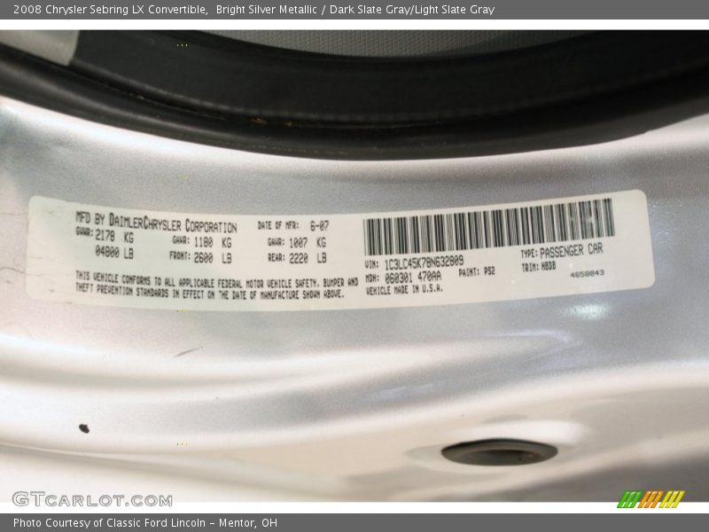 Bright Silver Metallic / Dark Slate Gray/Light Slate Gray 2008 Chrysler Sebring LX Convertible