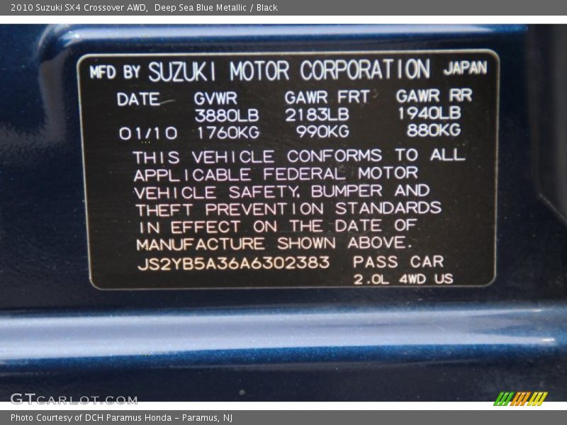 Deep Sea Blue Metallic / Black 2010 Suzuki SX4 Crossover AWD