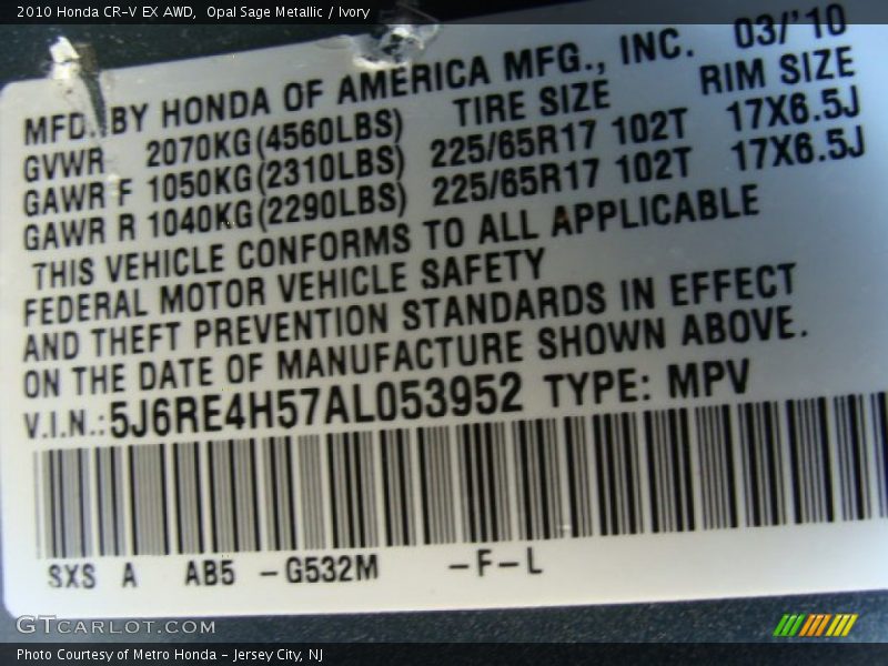 Opal Sage Metallic / Ivory 2010 Honda CR-V EX AWD