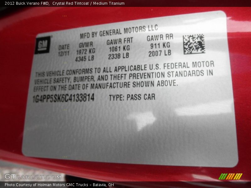 Crystal Red Tintcoat / Medium Titanium 2012 Buick Verano FWD