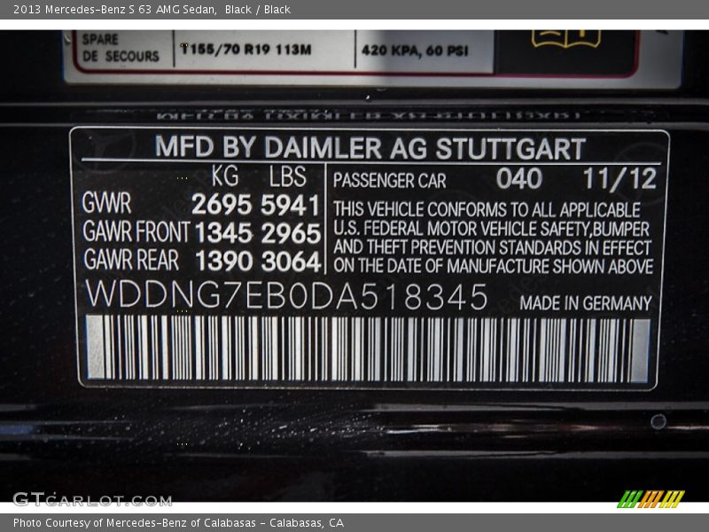 2013 S 63 AMG Sedan Black Color Code 040
