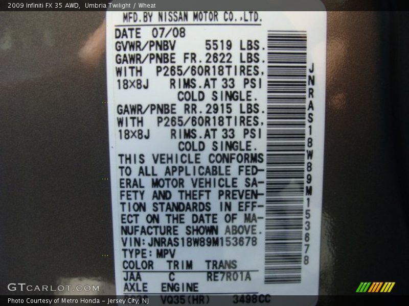 Umbria Twilight / Wheat 2009 Infiniti FX 35 AWD