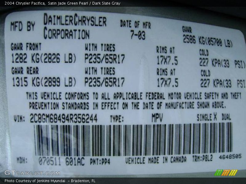 Satin Jade Green Pearl / Dark Slate Gray 2004 Chrysler Pacifica