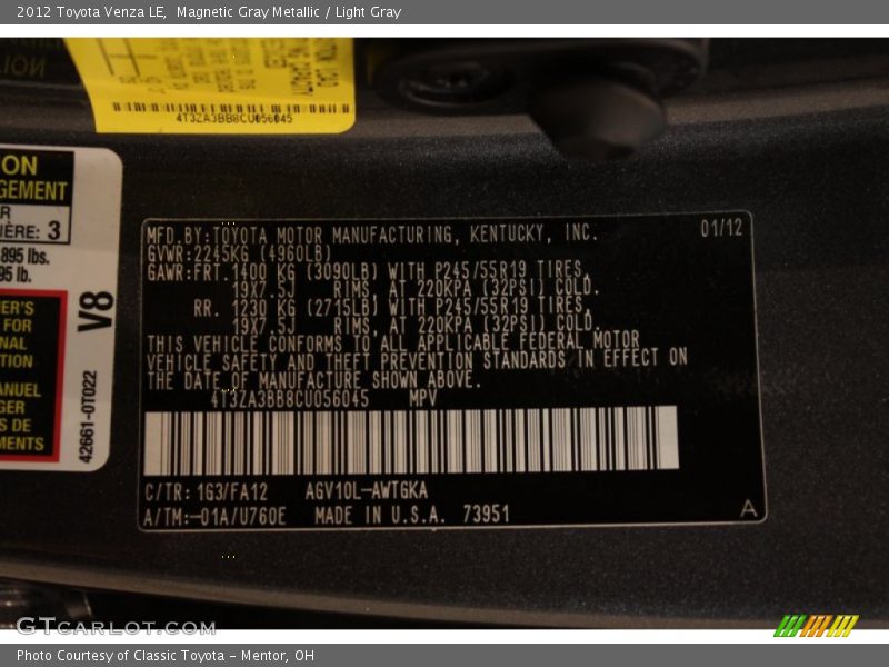2012 Venza LE Magnetic Gray Metallic Color Code 1G3