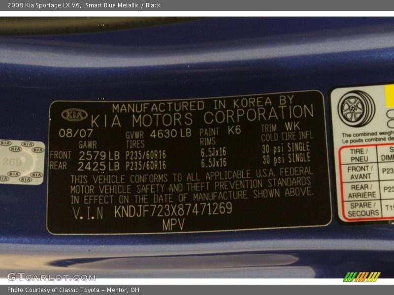 2008 Sportage LX V6 Smart Blue Metallic Color Code K6