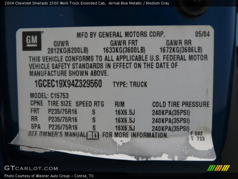 Info Tag of 2004 Silverado 1500 Work Truck Extended Cab