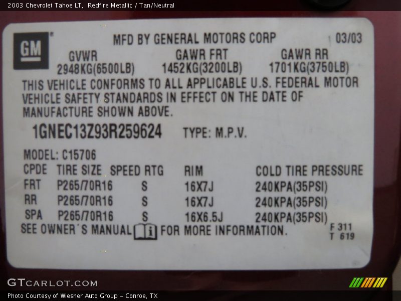 Info Tag of 2003 Tahoe LT