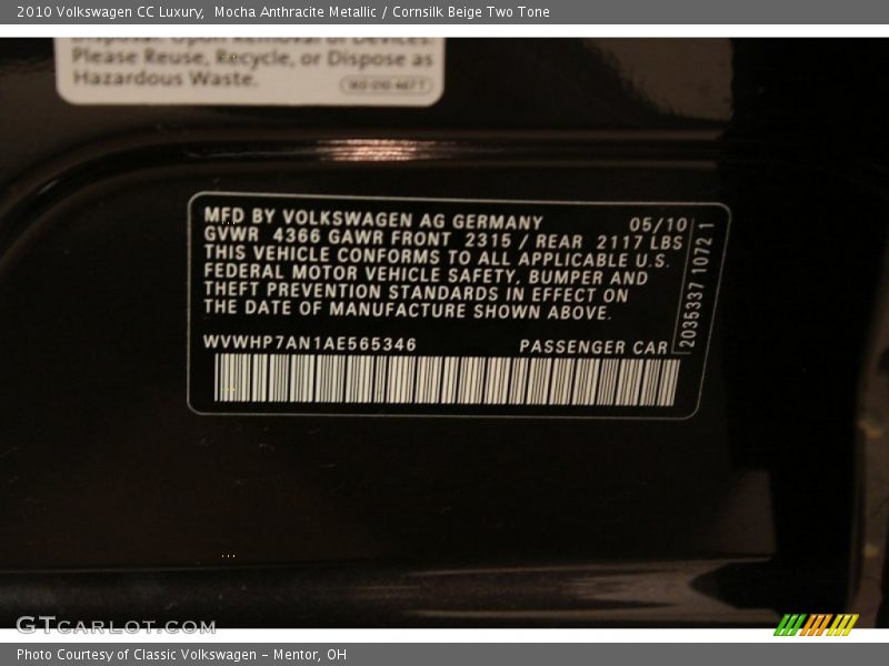 Mocha Anthracite Metallic / Cornsilk Beige Two Tone 2010 Volkswagen CC Luxury