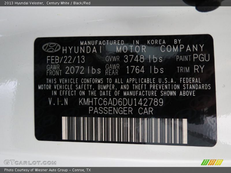 2013 Veloster  Century White Color Code PGU