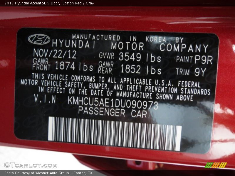 Boston Red / Gray 2013 Hyundai Accent SE 5 Door