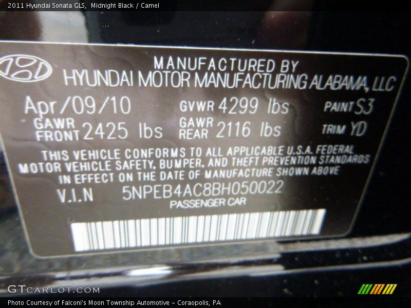 Midnight Black / Camel 2011 Hyundai Sonata GLS