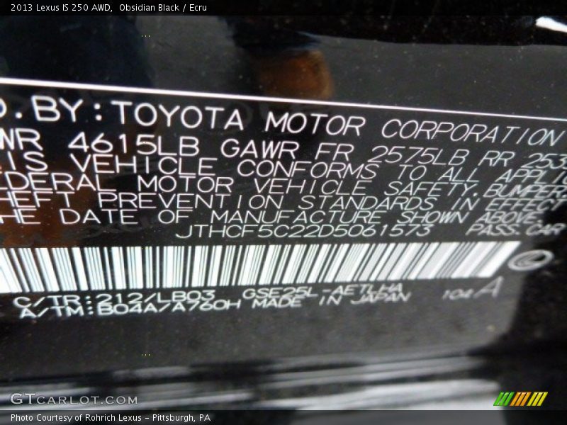 Obsidian Black / Ecru 2013 Lexus IS 250 AWD