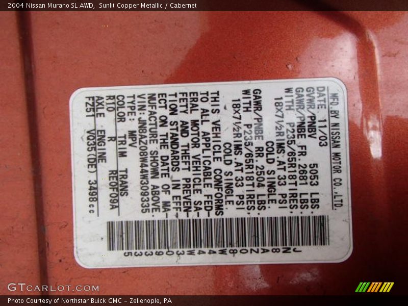 2004 Murano SL AWD Sunlit Copper Metallic Color Code R10