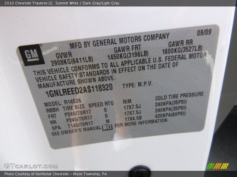 Summit White / Dark Gray/Light Gray 2010 Chevrolet Traverse LS