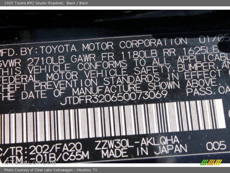 2005 MR2 Spyder Roadster Black Color Code 202