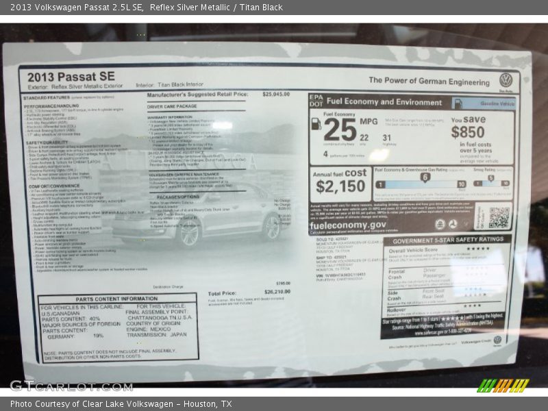 Reflex Silver Metallic / Titan Black 2013 Volkswagen Passat 2.5L SE
