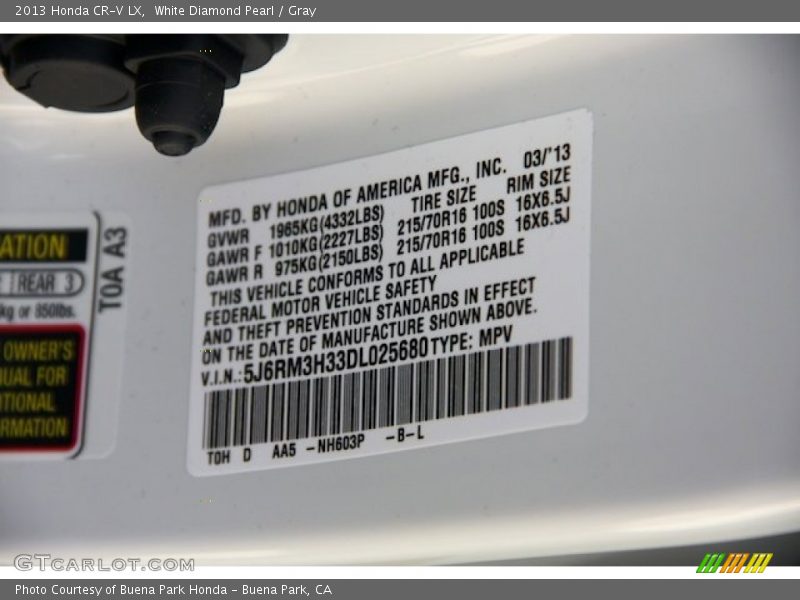 White Diamond Pearl / Gray 2013 Honda CR-V LX