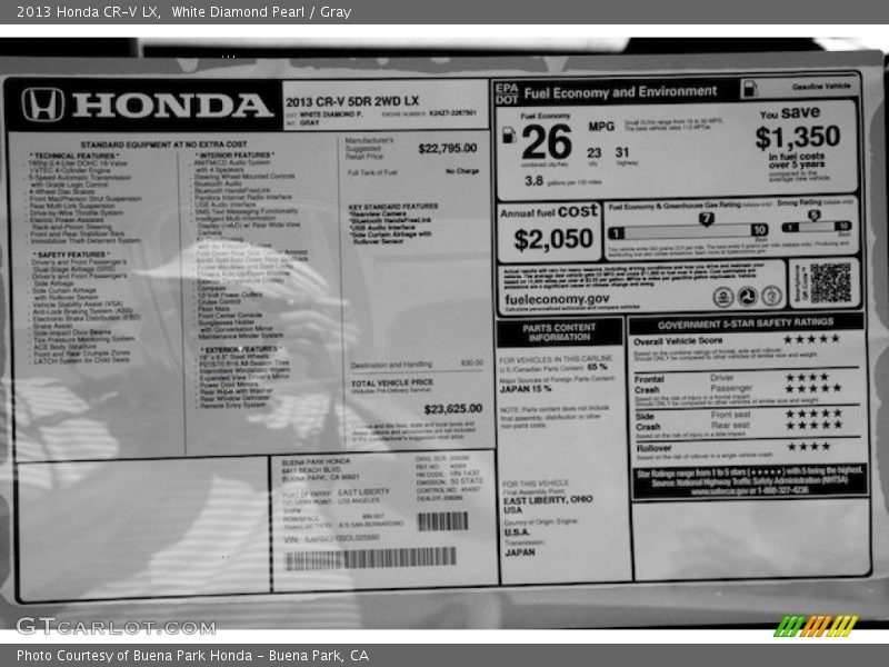 White Diamond Pearl / Gray 2013 Honda CR-V LX