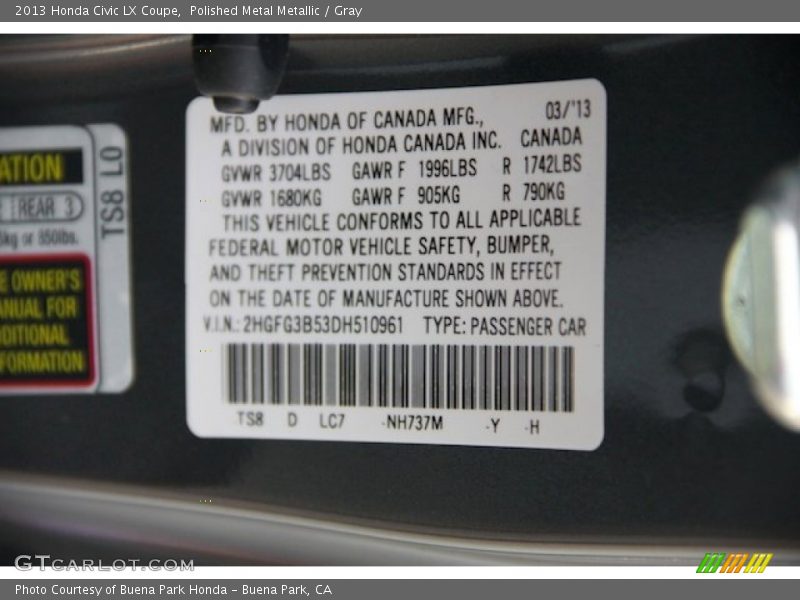 Polished Metal Metallic / Gray 2013 Honda Civic LX Coupe