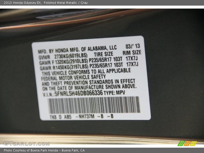 Polished Metal Metallic / Gray 2013 Honda Odyssey EX