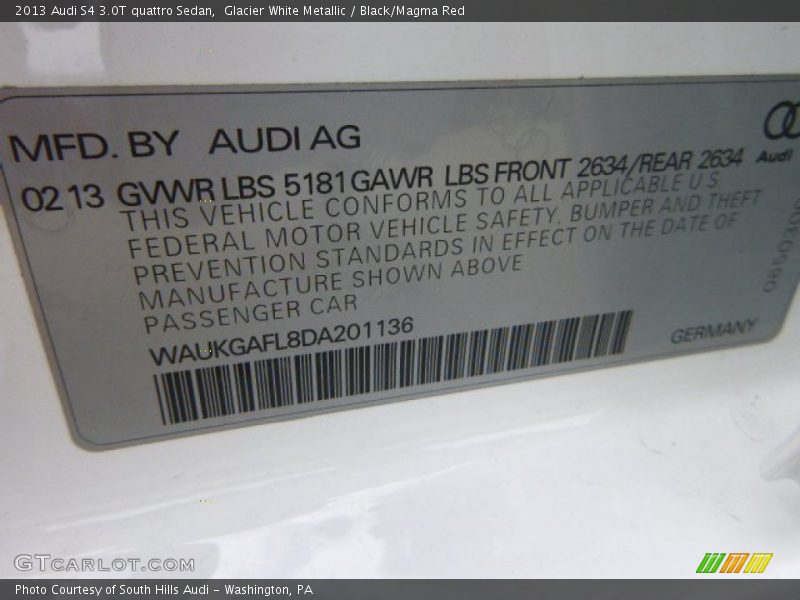 Glacier White Metallic / Black/Magma Red 2013 Audi S4 3.0T quattro Sedan