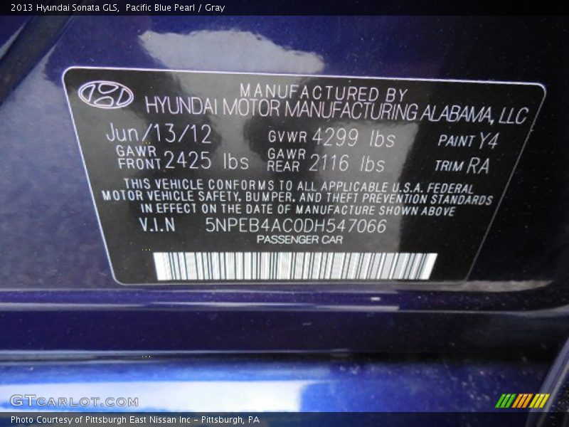 Pacific Blue Pearl / Gray 2013 Hyundai Sonata GLS