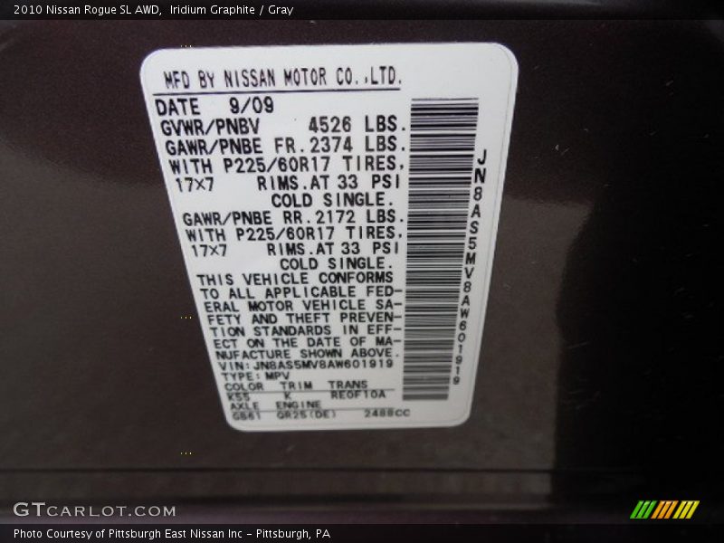2010 Rogue SL AWD Iridium Graphite Color Code K55