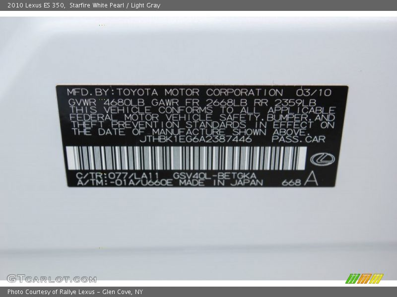 Starfire White Pearl / Light Gray 2010 Lexus ES 350