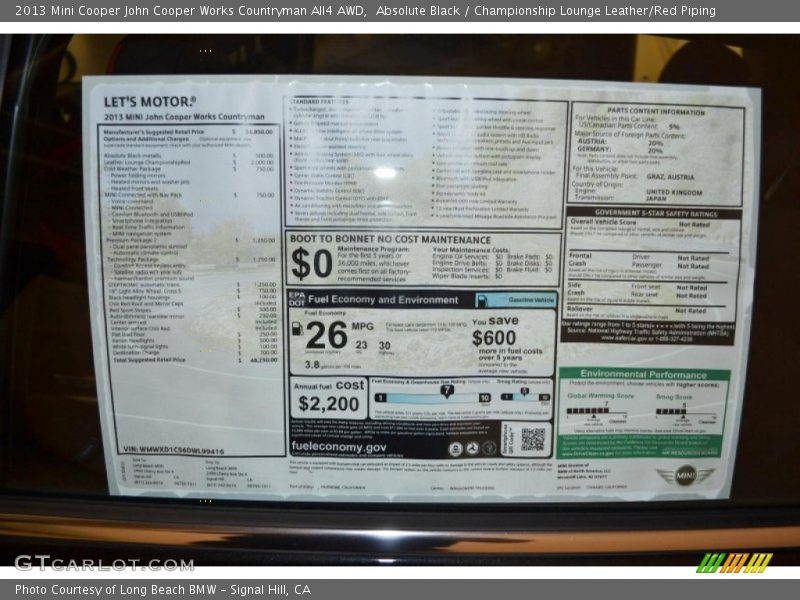  2013 Cooper John Cooper Works Countryman All4 AWD Window Sticker