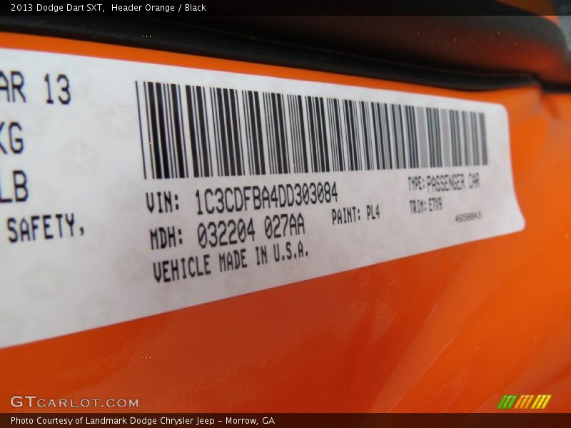 Header Orange / Black 2013 Dodge Dart SXT