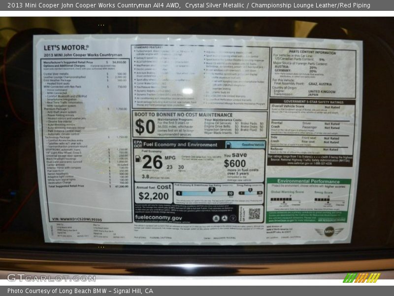  2013 Cooper John Cooper Works Countryman All4 AWD Window Sticker