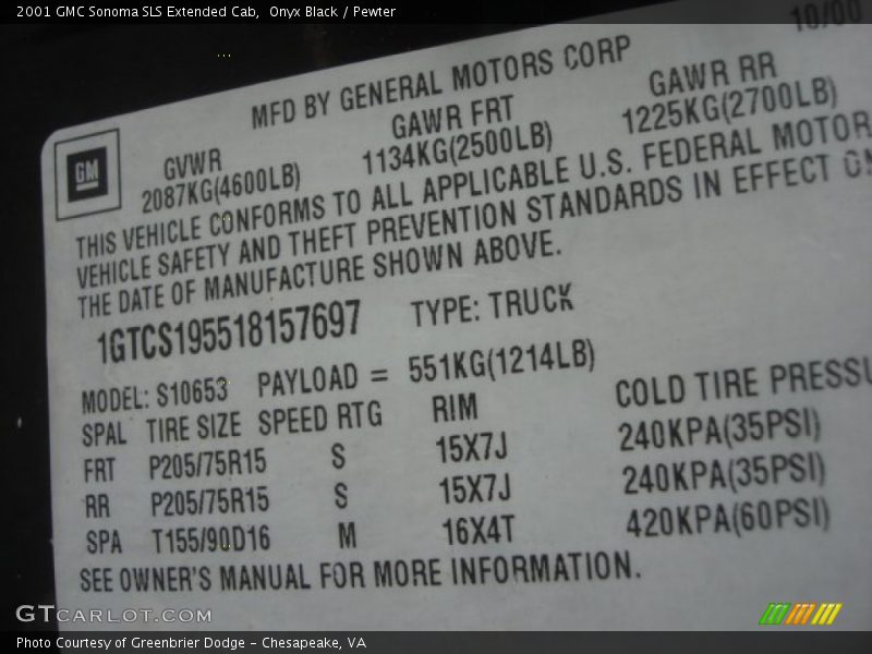 Onyx Black / Pewter 2001 GMC Sonoma SLS Extended Cab