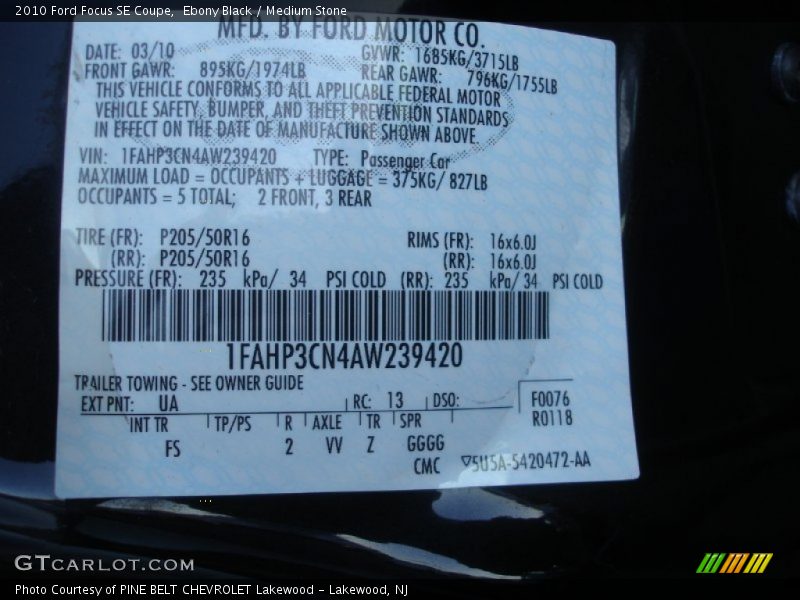 Ebony Black / Medium Stone 2010 Ford Focus SE Coupe