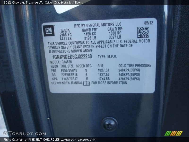 Cyber Gray Metallic / Ebony 2012 Chevrolet Traverse LT